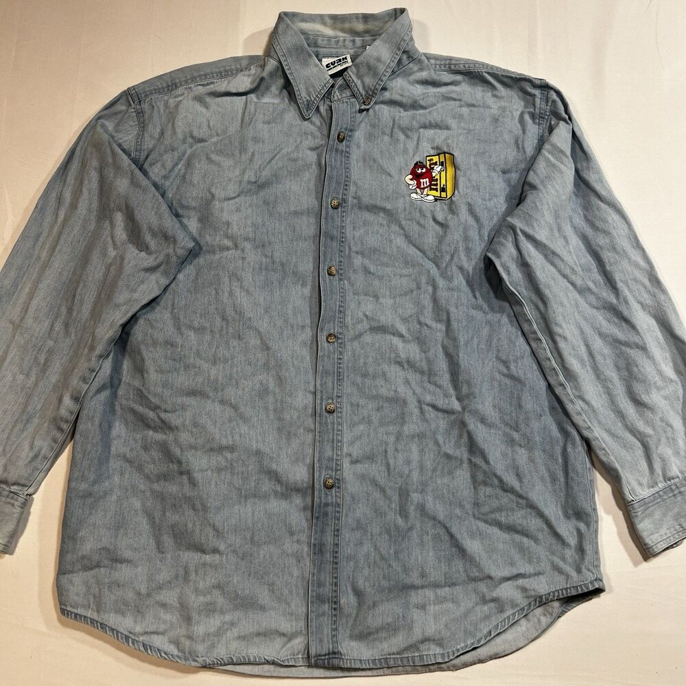 Vintage 90s M&M's Cyrk Denim Shirt XL Embroidered Red Character Flaw